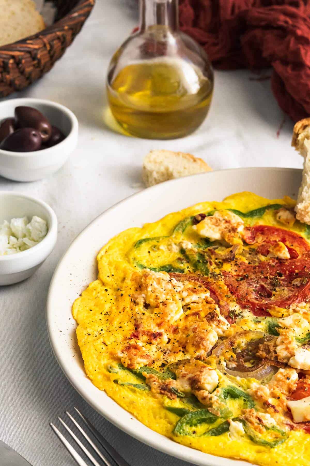 Greek Vegetarian Omelet Recipe With Tomatoes, Feta Cheese, Onions, And Peppers